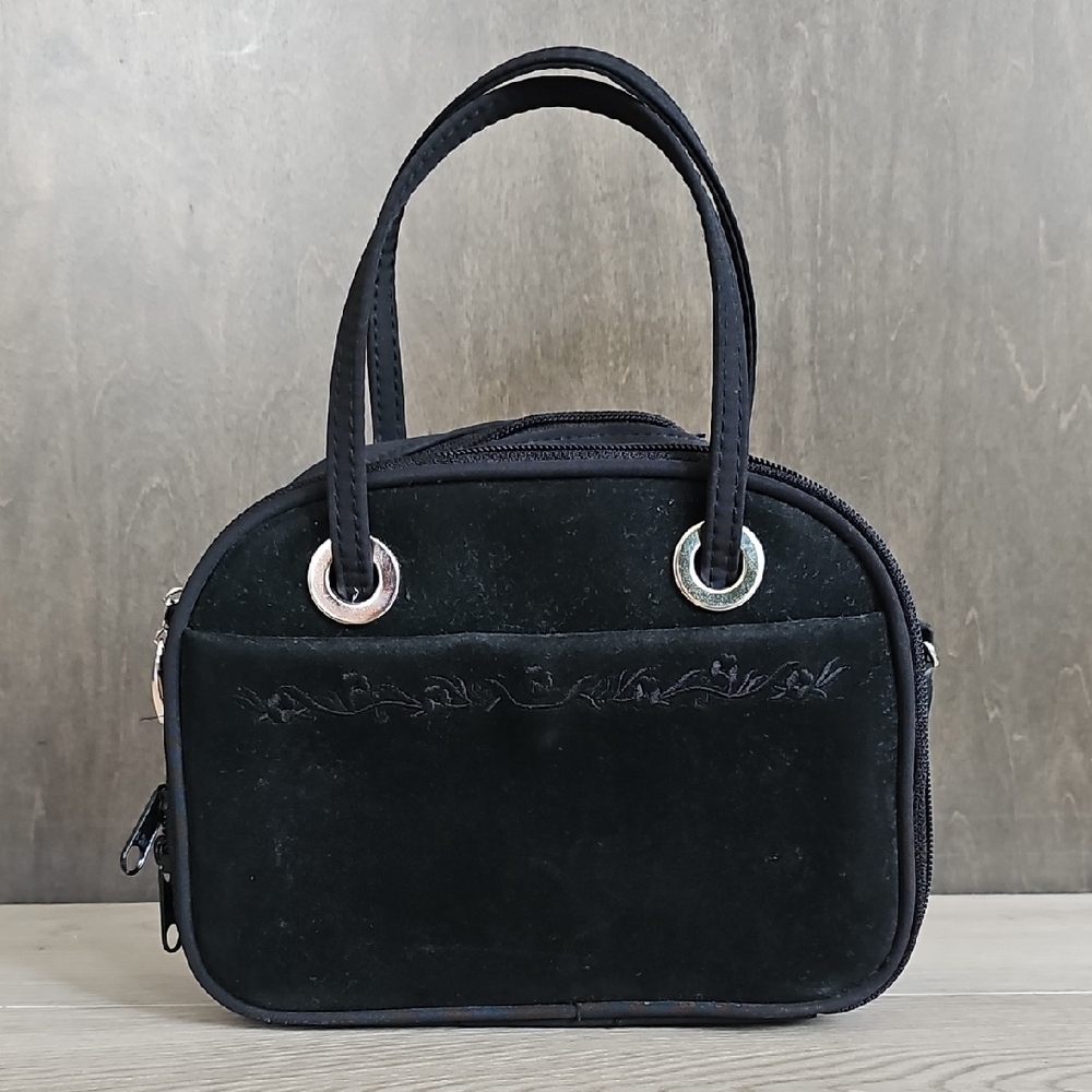 Y2K Black Velvet Compact Top Handle‎ Sleek Chic Handbag